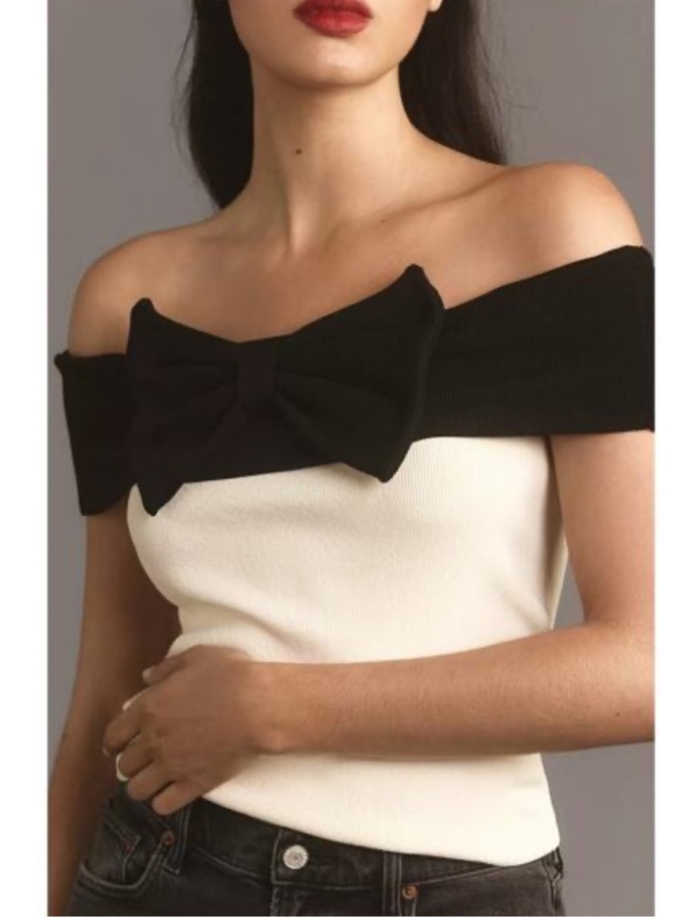 Maeve Anthropologie Cream Off-the-Shoulder Sweater Top with Black Bow